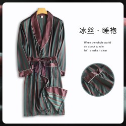 韩仕盾 男士睡袍春秋款冰丝薄款高级感丝绸睡衣夏季长袖条纹男款浴袍浴衣