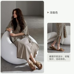 悦内 睡裙女款睡衣夏季纯棉短袖长款家居服夏款宽松大码条纹可外穿