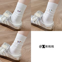 熊贱贱 腊肠狗刺绣白色堆堆袜女春秋款中筒袜学院风卡通可爱2026新款爆款