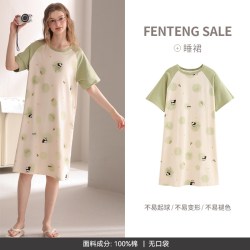 芬腾 纯棉睡裙女夏季薄款短袖睡衣裙夏天女款休闲熊猫连衣裙家居服