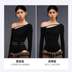 MIMI FANTASY 束腰收腹显瘦长袖连体衣女秋冬露肩镂空性感轻塑身衣