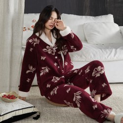 CDMP 秋冬保暖珊瑚绒女可外穿大翻领蝴蝶花酒红加厚家居服套装喜庆睡衣