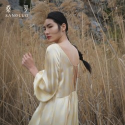 桑罗 露背格纹真丝连衣裙100%桑蚕丝V领真丝睡裙可外穿度假家居服