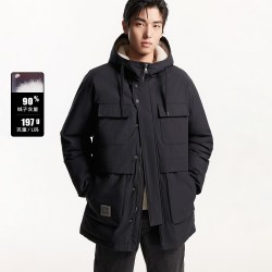 杰克琼斯 outlets冬季宽松抽绳连帽字母刺绣中长款羽绒服男装