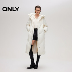 ONLY 2025冬季新款长款连帽立领显瘦斜裁绗缝蓬松白鸭绒羽绒服女