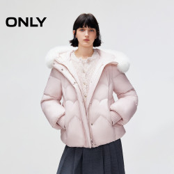 ONLY 2025冬季新款甜美心形绗缝狐狸毛领实用口袋连帽羽绒服女
