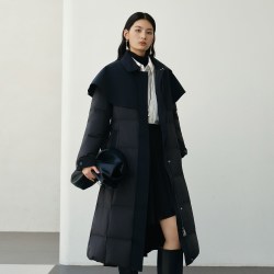 艾莱依鹅绒收腰羽绒服女中长款冬季新款时尚气质斗篷过膝翻领外套