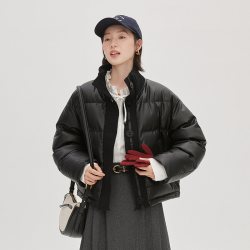 艾莱依 短款羽绒服女时尚冬季新款针织立领PU皮气质小个子泡芙外套