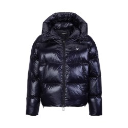 EMPORIO ARMANI 纯色Logo徽标亮面连帽羽绒服外套