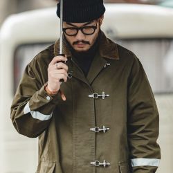 马登 工装美式复古中长款消防员风衣秋冬外搭过膝反光条大衣男外套