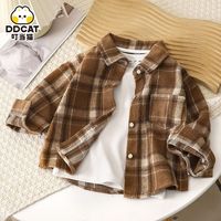 叮当猫 儿童新款男女童复古格子百搭时髦衬衫磨毛衬衣春秋宝宝帅气格子衫