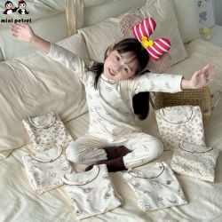 咪呢皮特 儿童家居服套装新款宝宝德绒秋衣秋裤女童蕾丝边蝴蝶结家居服睡衣