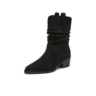 百思图 F3061DZ5 粗跟尖头加绒 棕色 女短靴