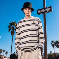 Dickies 长袖T恤男2026春秋新款圆领条纹上衣黑白撞色宽松潮流打底衫