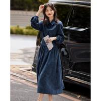 尚静 秋季宽松遮肉气质长裙设计感蓝格纹连衣裙