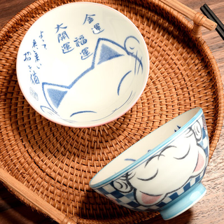 柳生堂 釉下彩招财猫 日式高脚碗 2只装