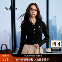 比音勒芬 春秋款户外休闲通勤风多色长袖POLO衫女士上衣 07黑色 S （90）