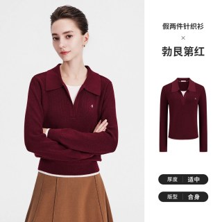 移动端：navigare 女士翻领假两件长袖针织衫