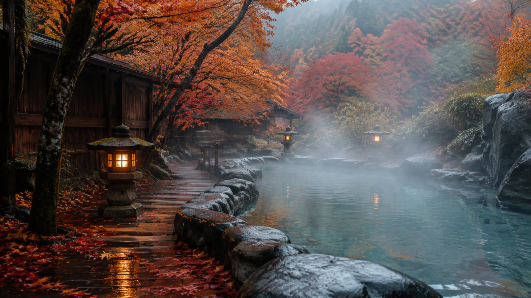 秋日山间温泉