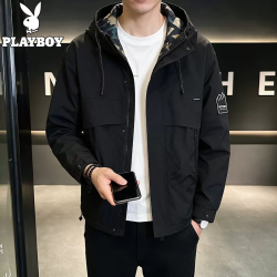 PLAYBOY 男士外套秋冬季夹克男装冲锋衣 新款衣服潮流 黑色 常规 XL