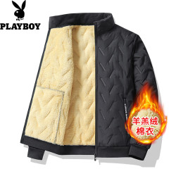 PLAYBOY 羊羔绒棉衣男士冬季中老年防水加厚保暖大码立领棉服外套 黑色 XL