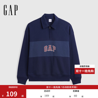 Gap logo刺绣撞色宽松polo领卫衣 海军蓝 S