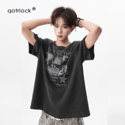 QOTRIOCK 美式复古微亚短袖t恤男夏季设计感宽松华夫格短袖做旧印花五分袖