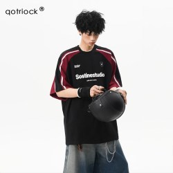 QOTRIOCK 复古重磅拼接撞色短袖男女2026夏季潮学院风字母印花情侣半袖T恤