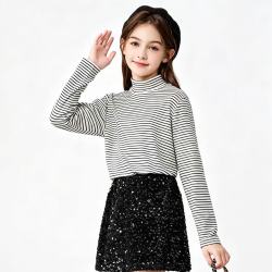 巴布豆 儿童打底衫 女童秋冬新款 德绒半高领保暖衣女孩冬装中大童时尚条纹