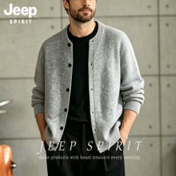 JEEP SPIRIT 高端老钱风复古开衫针织毛衣男士2026秋季新款宽松休闲长袖外套 浅灰色 3XL 180-220斤