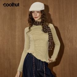 COOLHUT 不规则褶皱花边纯色拼接长袖T恤女秋2026新款修身内搭打底衫女秋