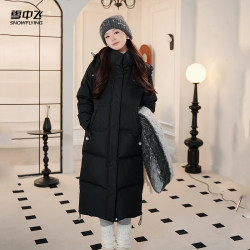 雪中飞 羽绒服女中长款冬季过膝纯色宽松时尚女款休闲厚外套黑色XS
