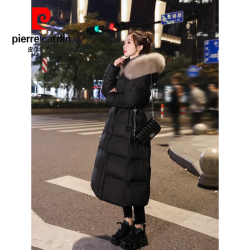 皮尔·卡丹 皮尔卡丹（pierre cardin）冬季收腰白鸭绒长款羽绒服女显瘦时尚中长款过膝加厚外套 黑色（真狐狸毛领） 120-130斤 L