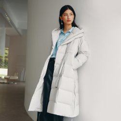 艾莱依鹅绒羽绒服女中长款冬季新款时尚气质百搭连帽收腰过膝外套