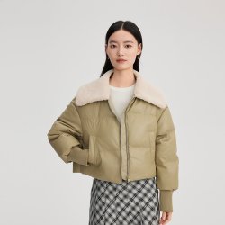 艾莱依 短款羽绒服女休闲冬季新款仿羊羔毛领PU皮拼接时尚气质外套