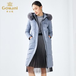乔万尼 羽绒服女商场新款清新雾霾蓝修身收腰狐狸毛领过膝长款韩版