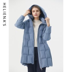海兰丝商场同款冬季新款气质鹅绒收腰显瘦长款过膝连帽羽绒服女