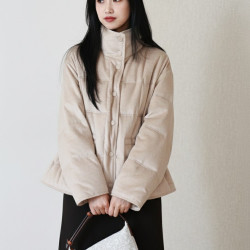 奢暖驼绒绢丝90%白鹅绒短款羽绒服复古立领收腰外套轻便保暖冬女