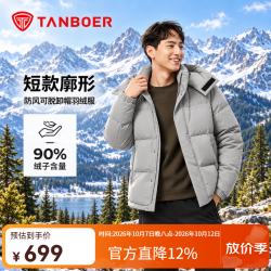 坦博尔 2025防风可脱卸帽羽绒服男短款户外休闲秋冬厚外套 晴雾色 L (175) 体重130斤-150斤