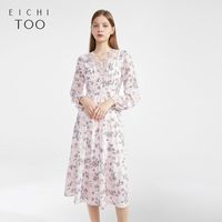 百亿补贴：爱居兔 女春季甜美满印V领收腰淑女连衣裙