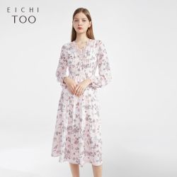 爱居兔 女春季甜美满印V领收腰淑女连衣裙