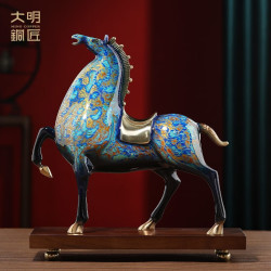 大明铜匠 铜唐马摆件工艺玄关装饰品办公室升职乔迁之喜搬家开业礼品礼物 新将军马 蓝色-长约31*12*32cm