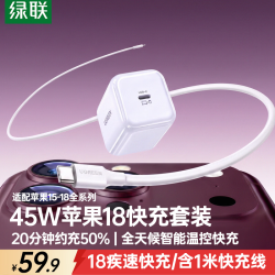 绿联 氮化镓快充 充电器套装+Type-C数据线  单Type-C口 线充套装 45W