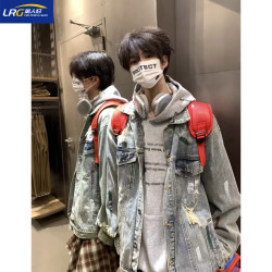 篱人归 FOG破洞泼墨牛仔外套男春秋新款欧美高街学生痞帅百搭做旧夹克潮 泼墨破洞牛仔外套 XL
