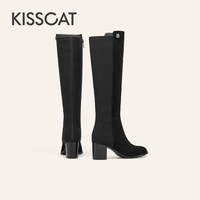 KISSCAT [超模骑士靴]冬季黑色高跟靴绒面粗跟长筒瘦瘦靴女