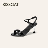 KISSCAT [都市霓虹]黑色一字带高跟鞋女夏季真皮尖头凉鞋女