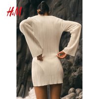 H&M HM女装连衣裙夏季V领罗纹针织沙滩度假风长袖裙1272279