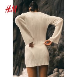 H&M HM女装连衣裙夏季V领罗纹针织沙滩度假风长袖裙1272279