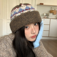 费尔岛风针织帽女秋冬季复古显脸小护耳毛线帽加厚保暖包头帽子
