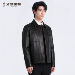 才子 真皮皮衣男 可拆卸鹅绒内胆 黑色 M码